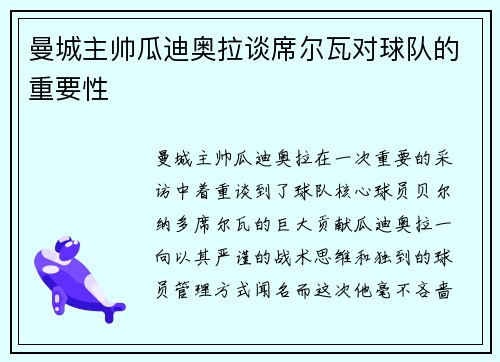 曼城主帅瓜迪奥拉谈席尔瓦对球队的重要性