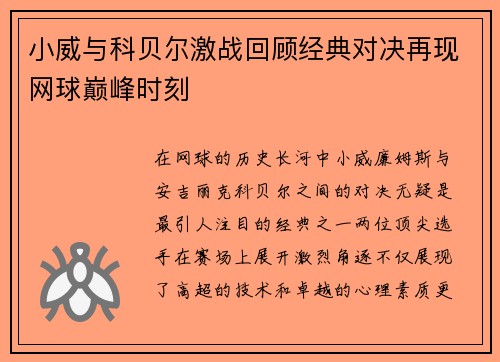 小威与科贝尔激战回顾经典对决再现网球巅峰时刻